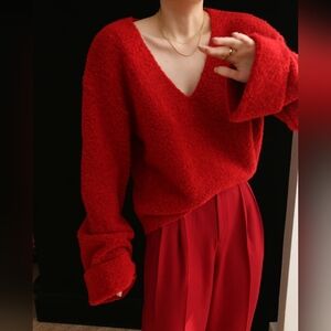 Commense Knit Solid V-neck Long Sleeve Sweater Size Medium